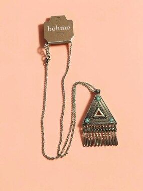 Bohme Antique Silver Ornate Triangle Pendant Necklace Turquoise Accents